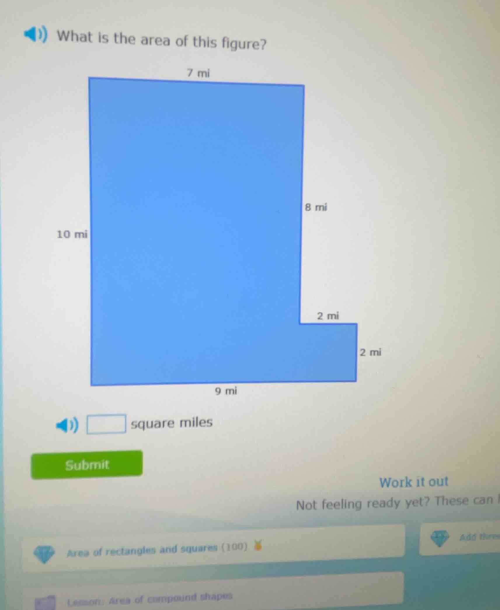 what is the area of this figure? 7 mi 8 mi 10 mi 2 mi 2 mi 9 mi square …