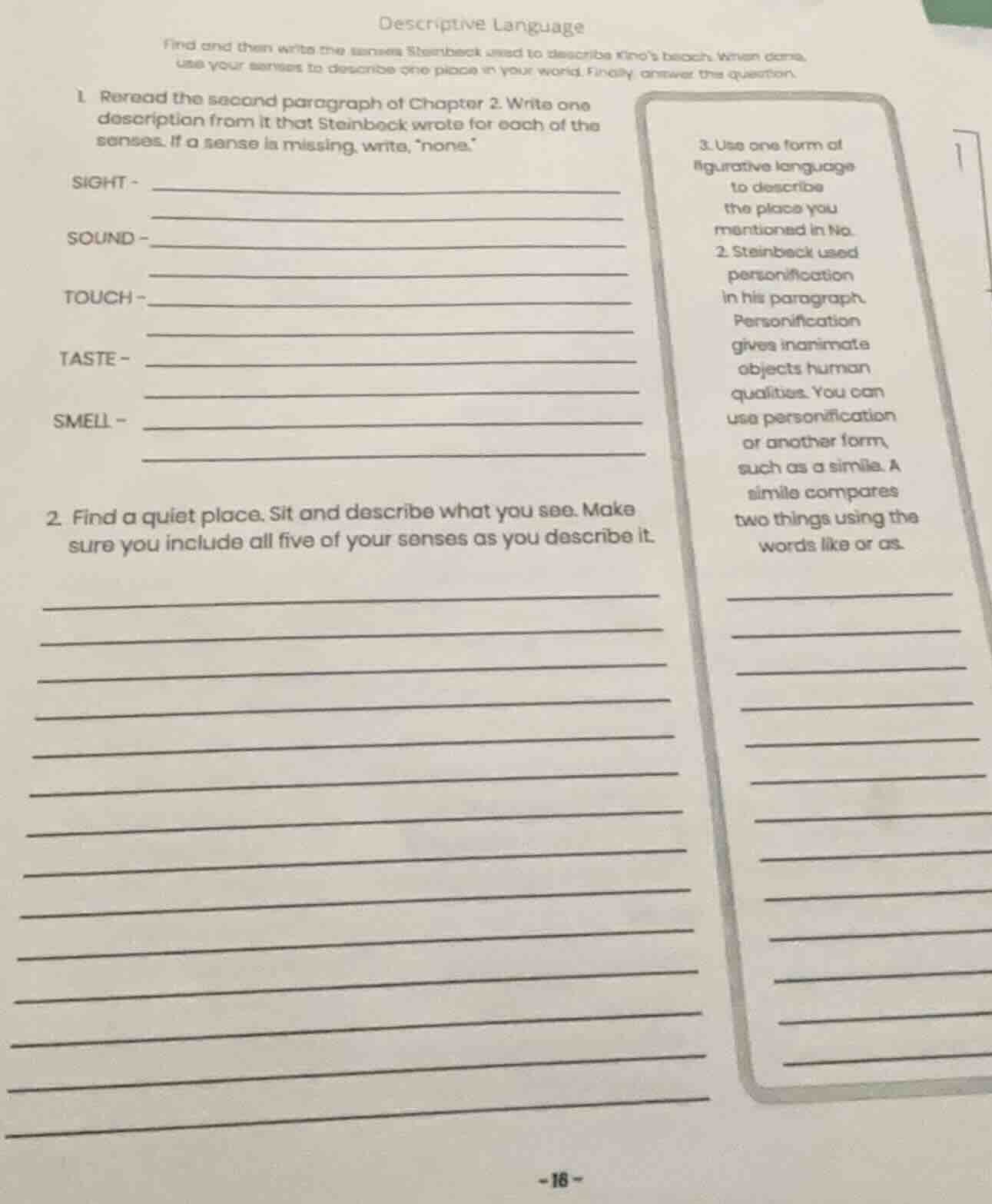 descriptive language find and then write the senses steinbeck used to d…