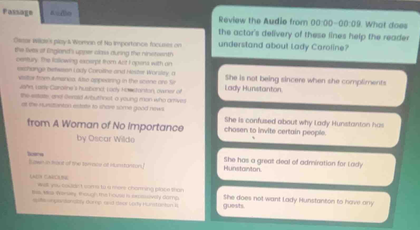 passage audio oscar wilde’s play a woman of no importance focuses on th…