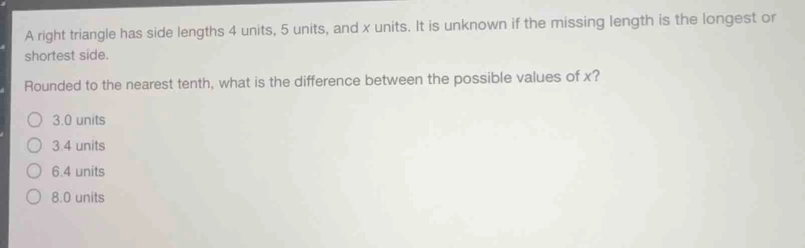 a right triangle has side lengths 4 units, 5 units, and x units. it is …