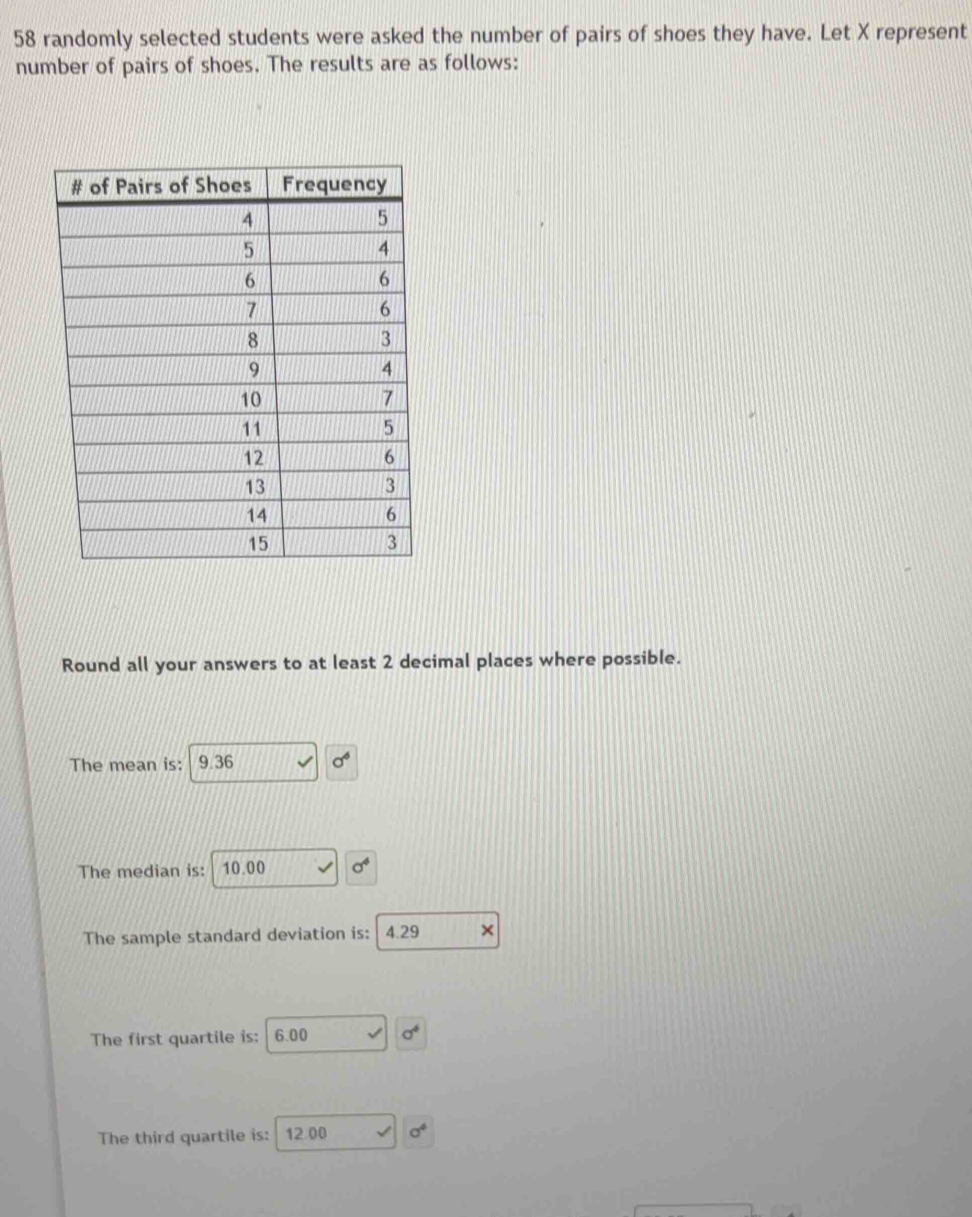 58 randomly selected students were asked the number of pairs of shoes t…