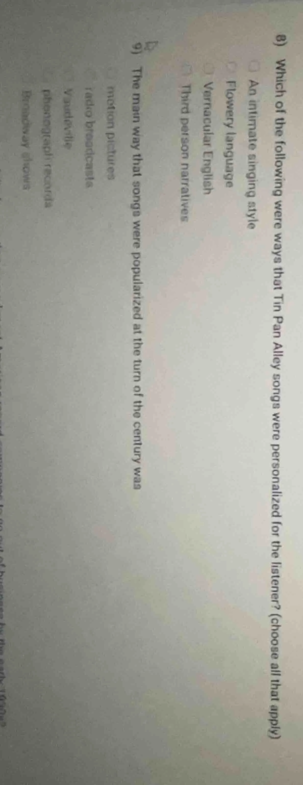 8) which of the following were ways that tin pan alley songs were perso…