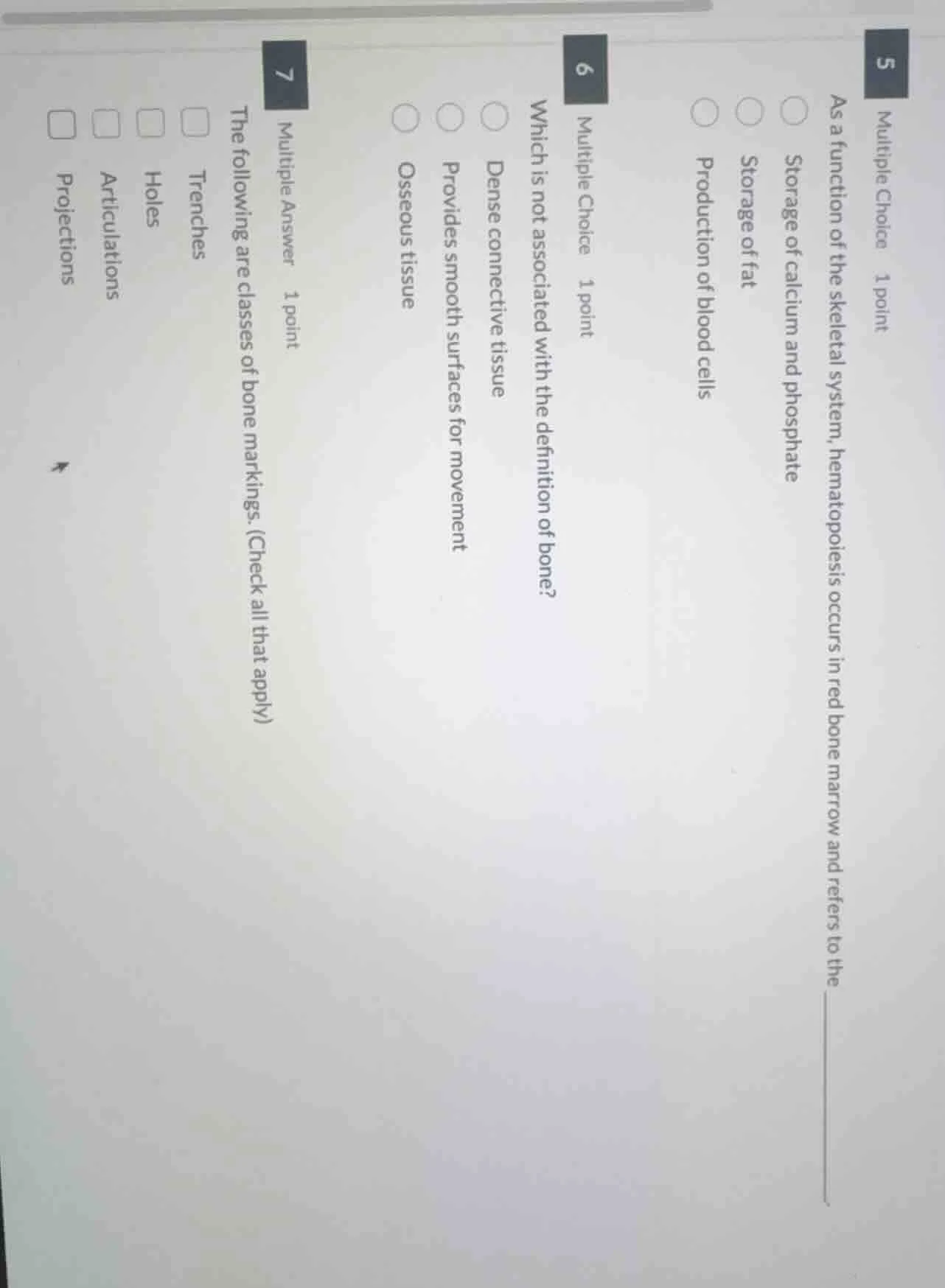 5 multiple choice 1 point as a function of the skeletal system, hematop…