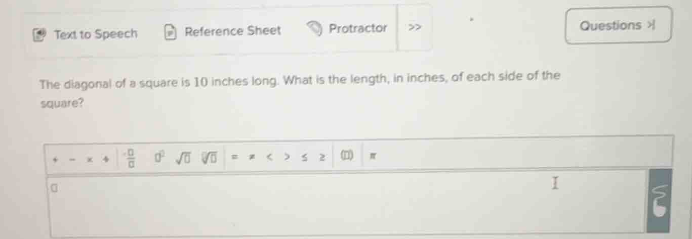 the diagonal of a square is 10 inches long. what is the length, in inch…