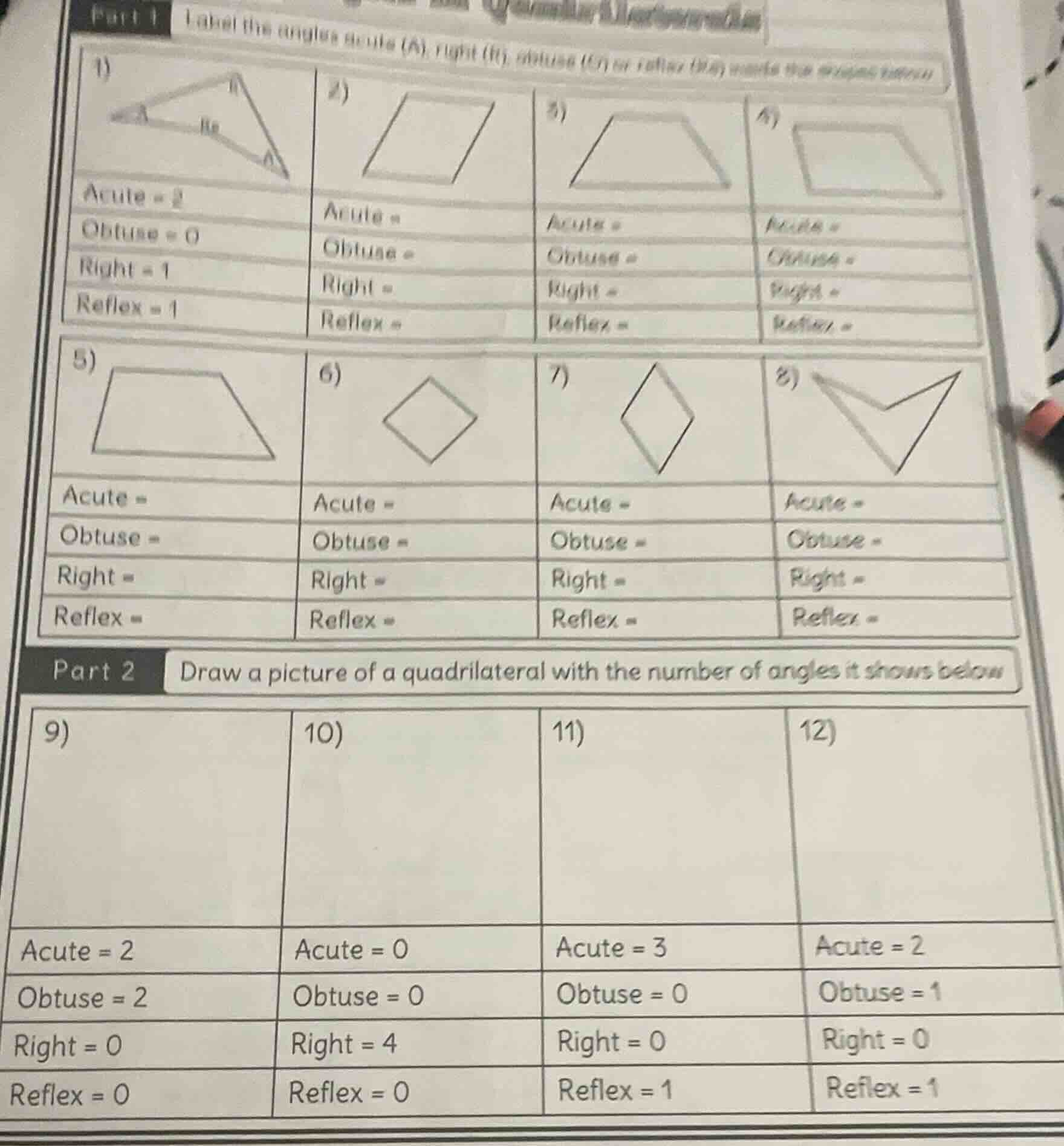 part 1 label the angles acute (a), right (r), obtuse (o) or reflex they…