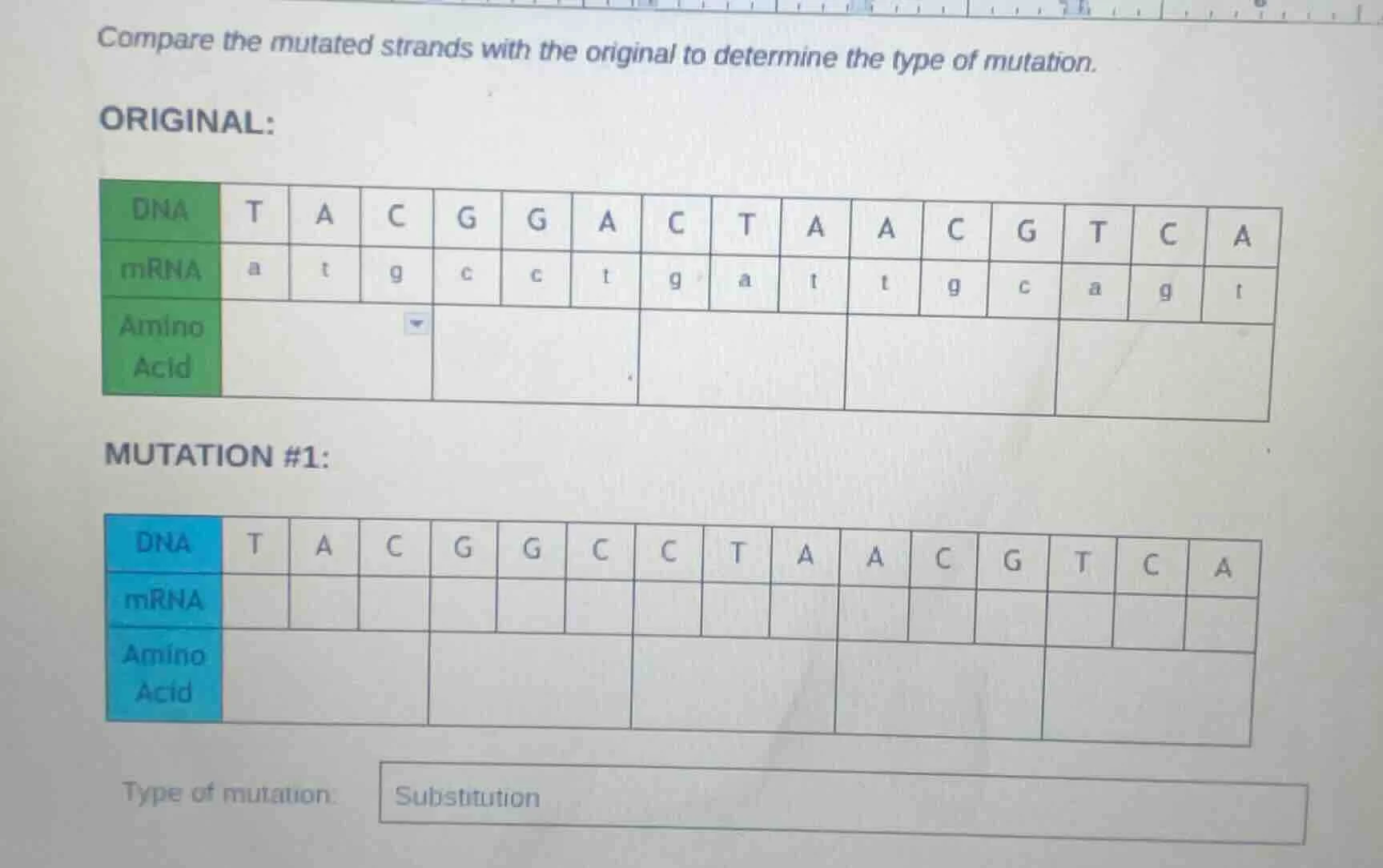 compare the mutated strands with the original to determine the type of …