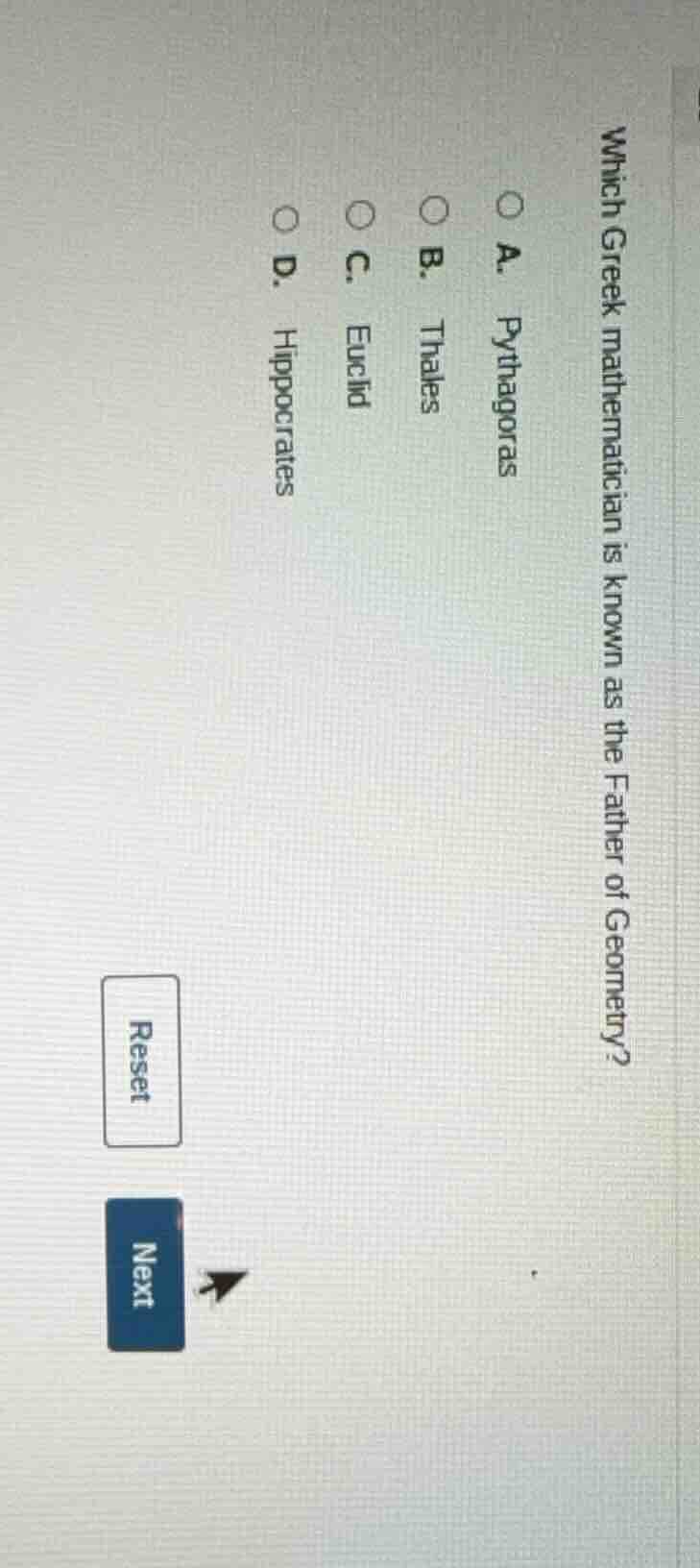which greek mathematician is known as the father of geometry? a. pythag…