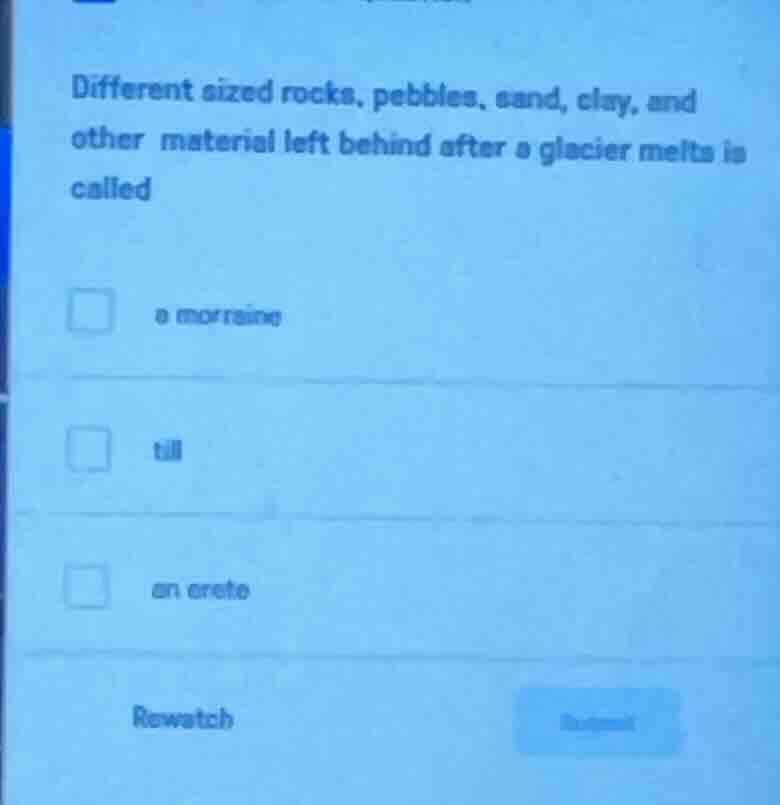 different sized rocks, pebbles, sand, clay, and other material left beh…