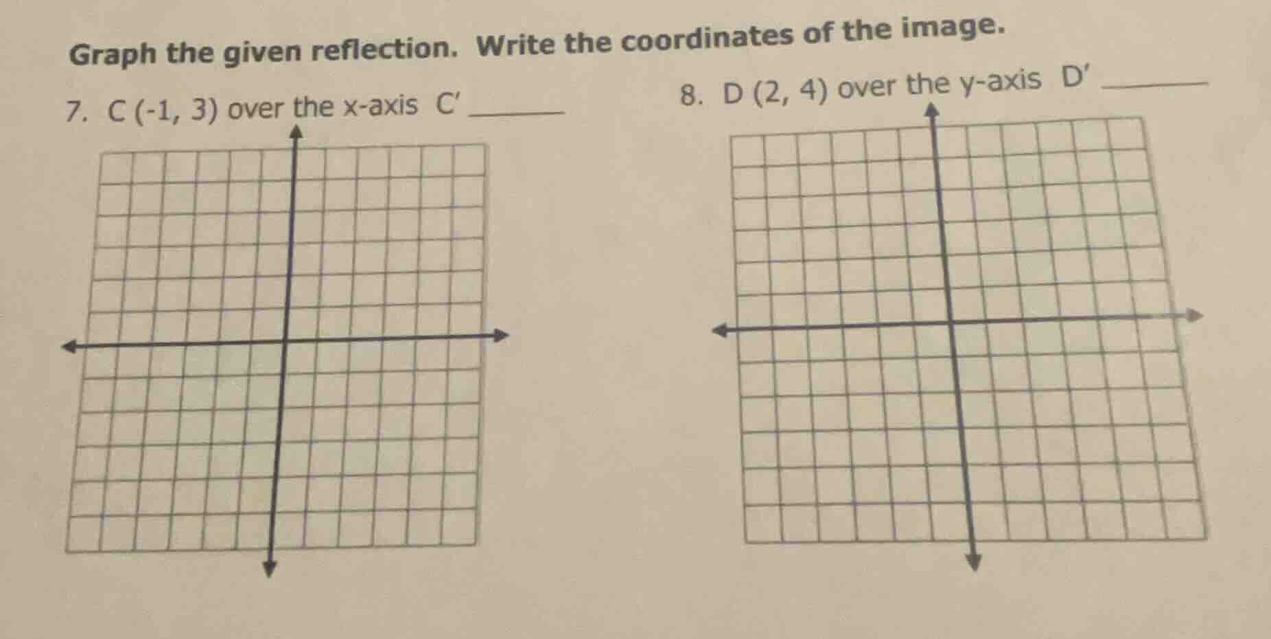 graph the given reflection. write the coordinates of the image. 7. c (-…