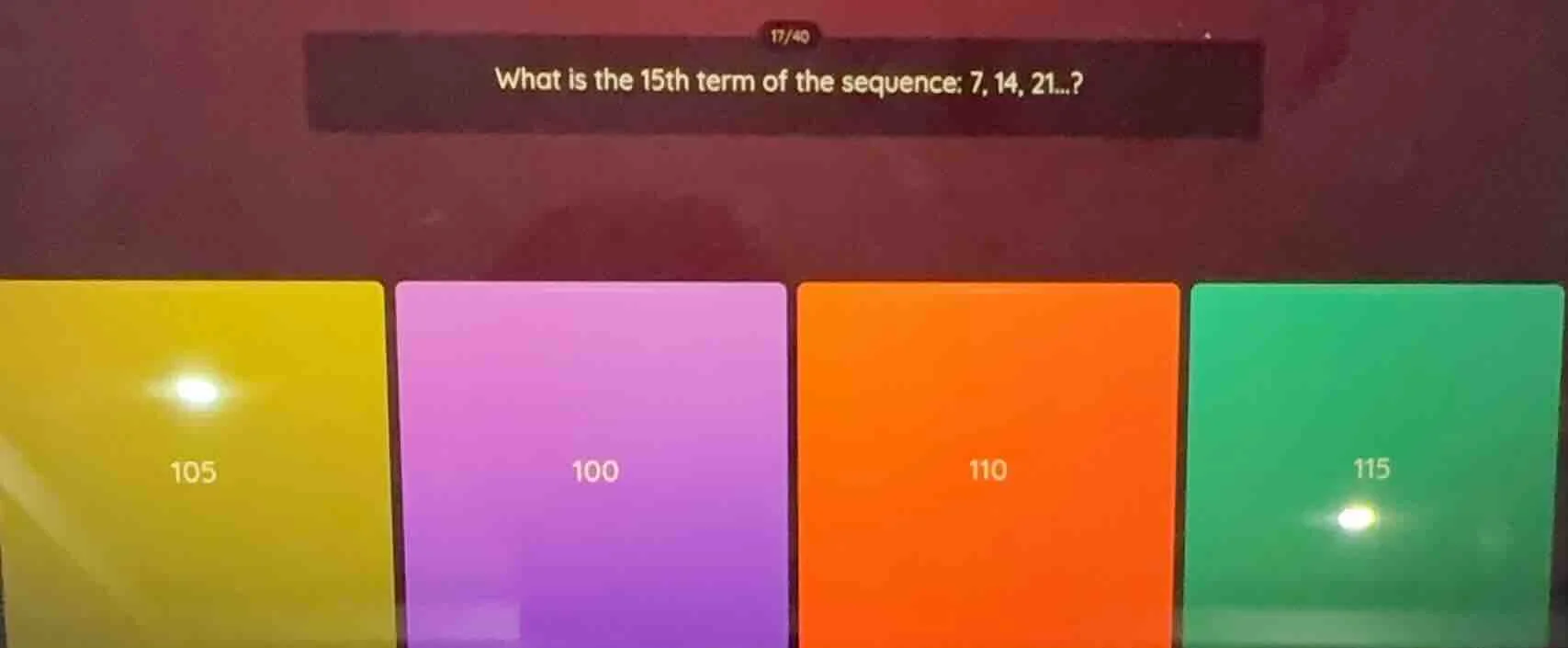 what is the 15th term of the sequence: 7, 14, 21...? 105 100 110 115