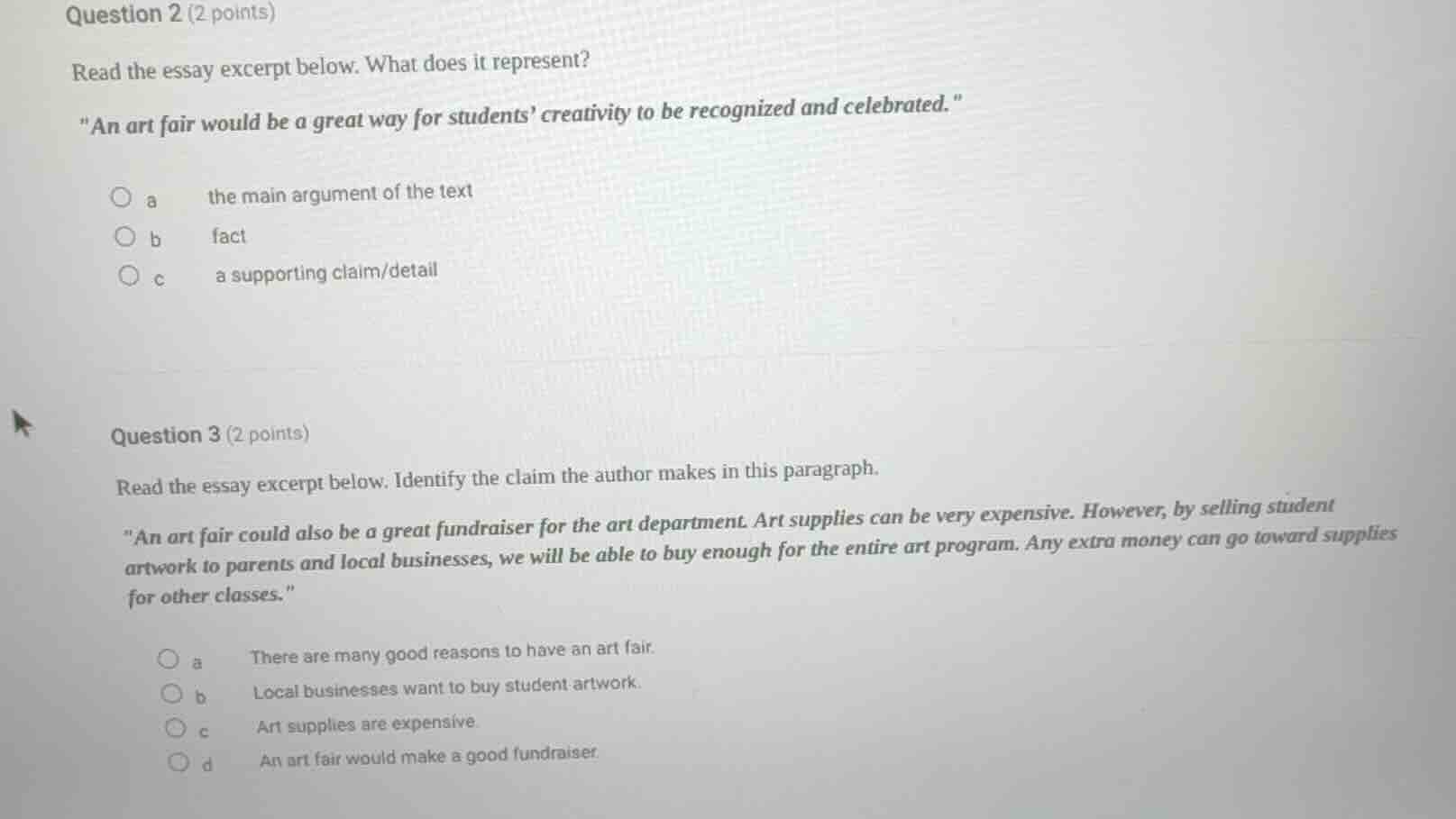 question 2 (2 points) read the essay excerpt below. what does it repres…