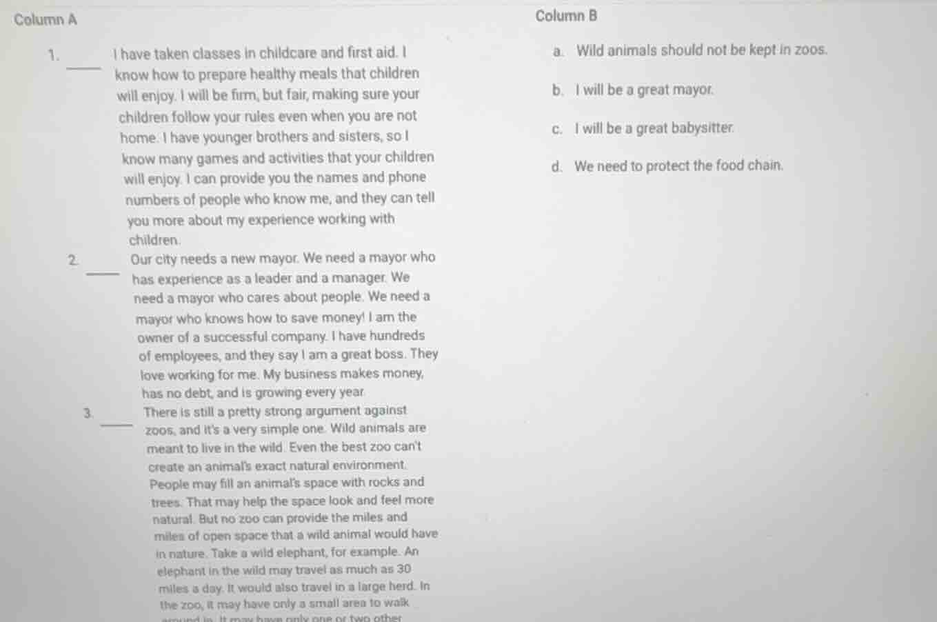 column a 1. ____ i have taken classes in childcare and first aid. i kno…