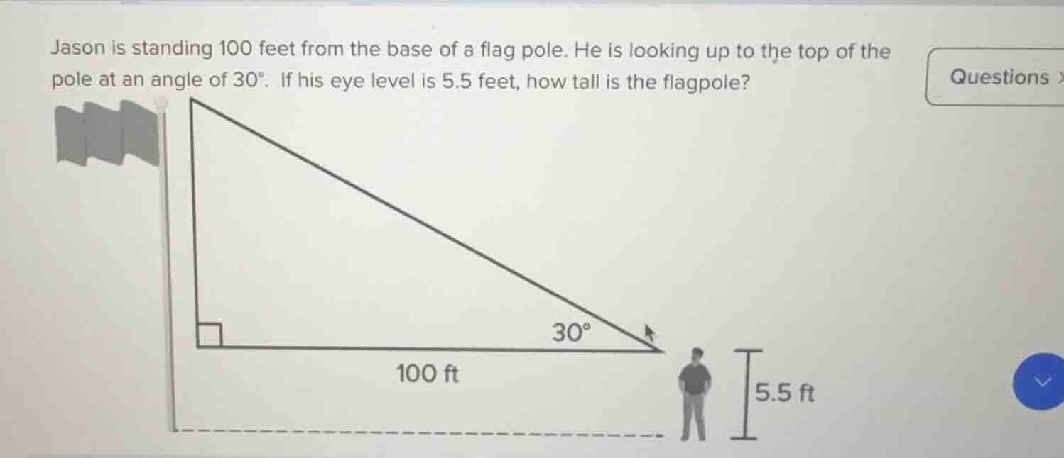 jason is standing 100 feet from the base of a flag pole. he is looking …