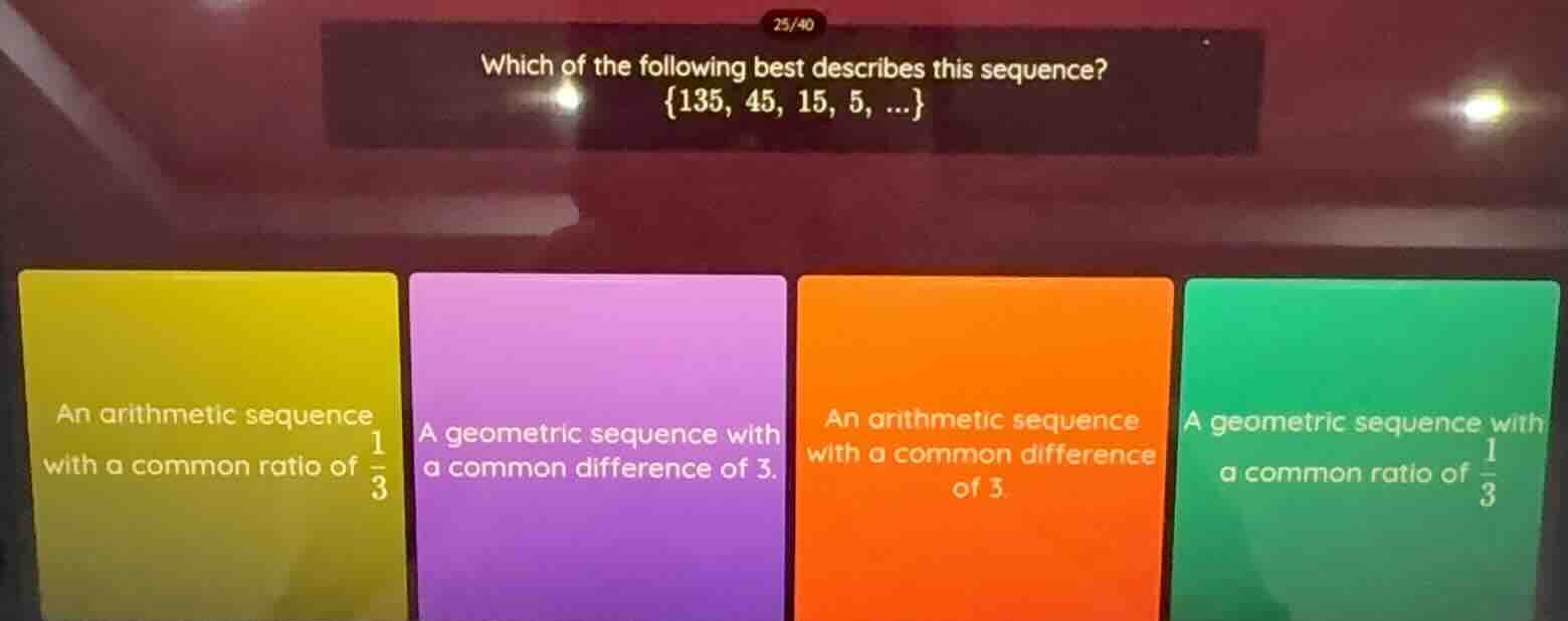 which of the following best describes this sequence? {135, 45, 15, 5, .…