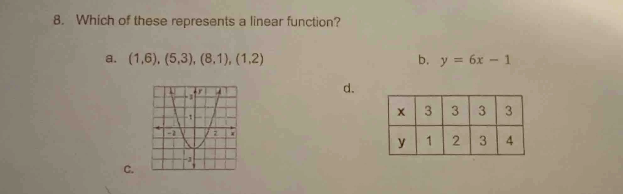 8. which of these represents a linear function? a. (1,6), (5,3), (8,1),…