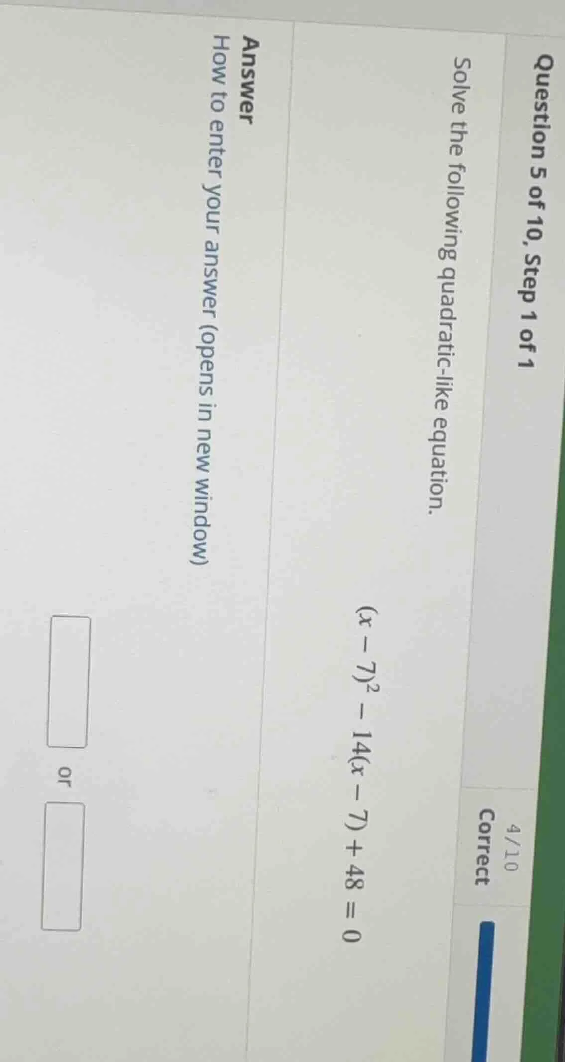 question 5 of 10, step 1 of 1 solve the following quadratic - like equa…