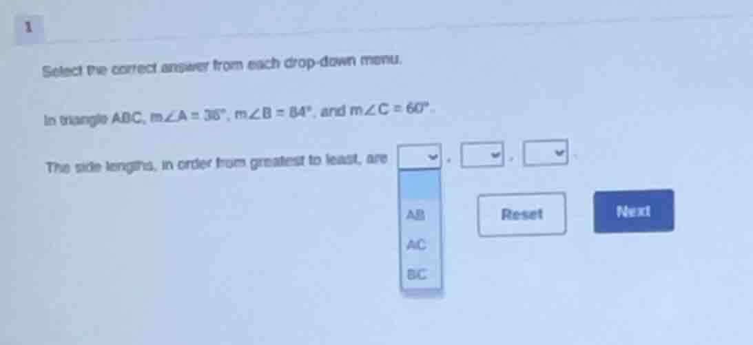 1 select the correct answer from each drop - down menu. in triangle abc…