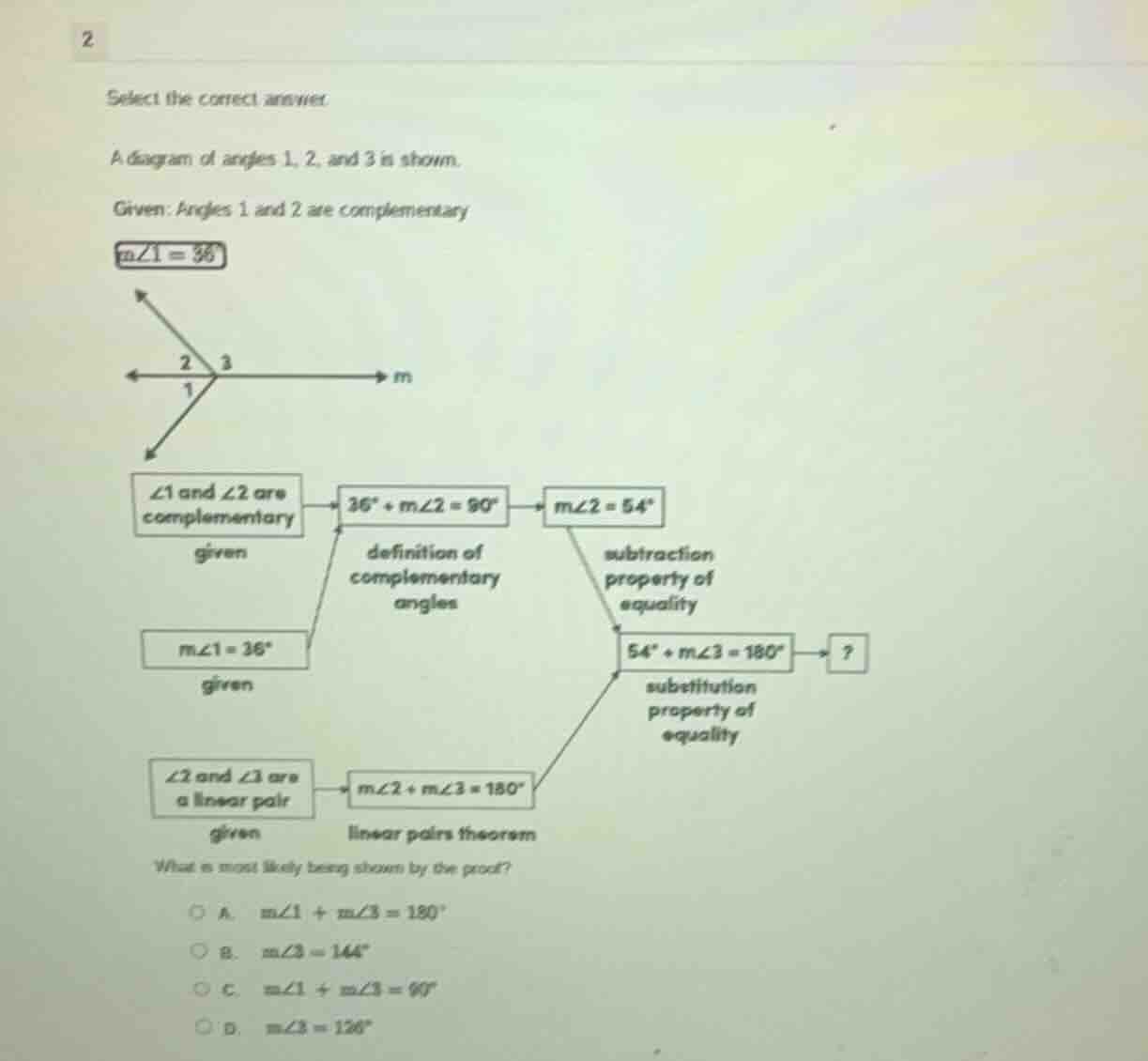 select the correct answer. a diagram of angles 1, 2, and 3 is shown. gi…