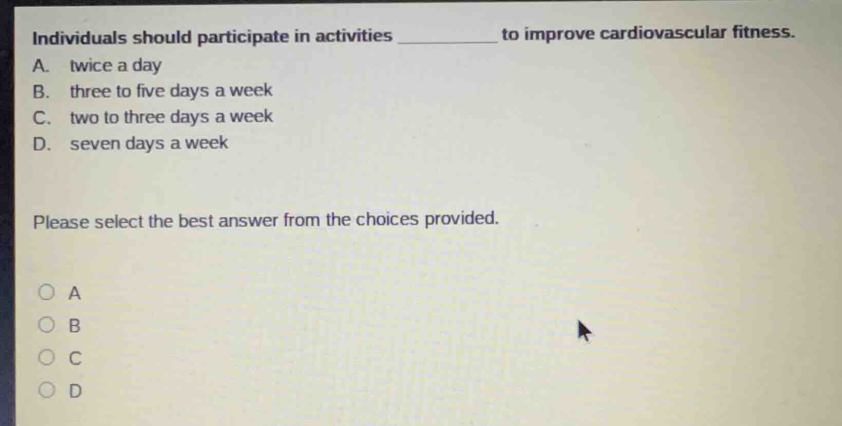 individuals should participate in activities ______ to improve cardiova…