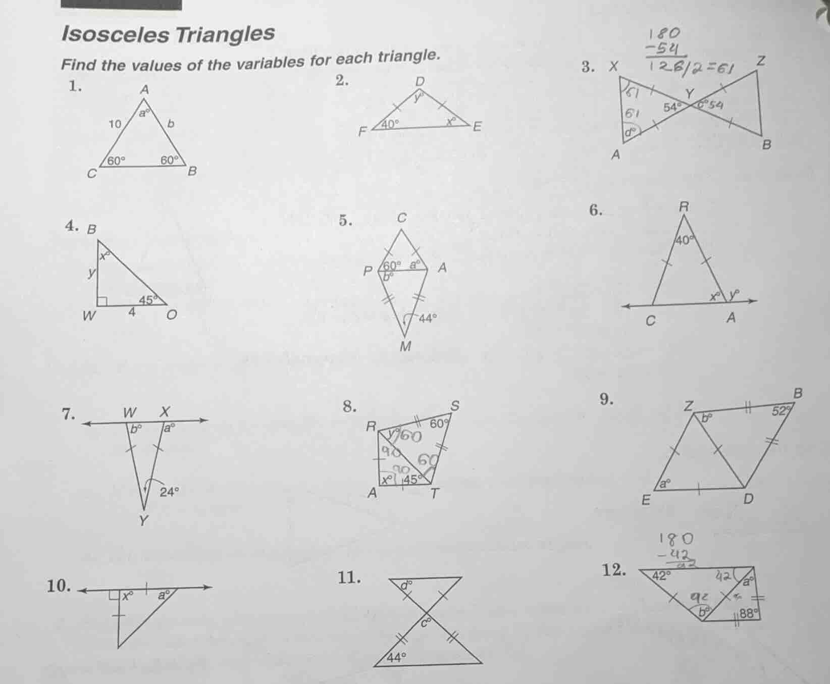 isosceles triangles find the values of the variables for each triangle.…