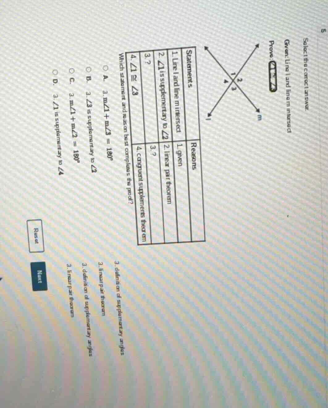 select the correct answer. given: line l and line m intersect prove: di…