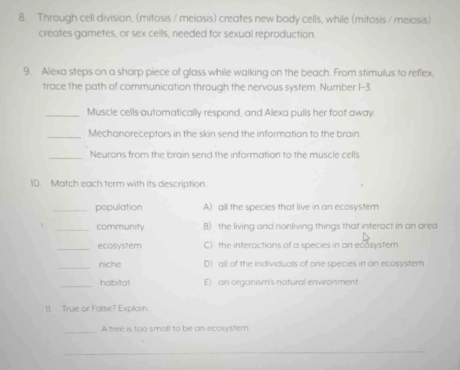 8. through cell division, (mitosis / meiosis) creates new body cells, w…