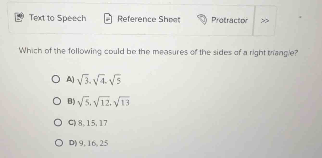 which of the following could be the measures of the sides of a right tr…