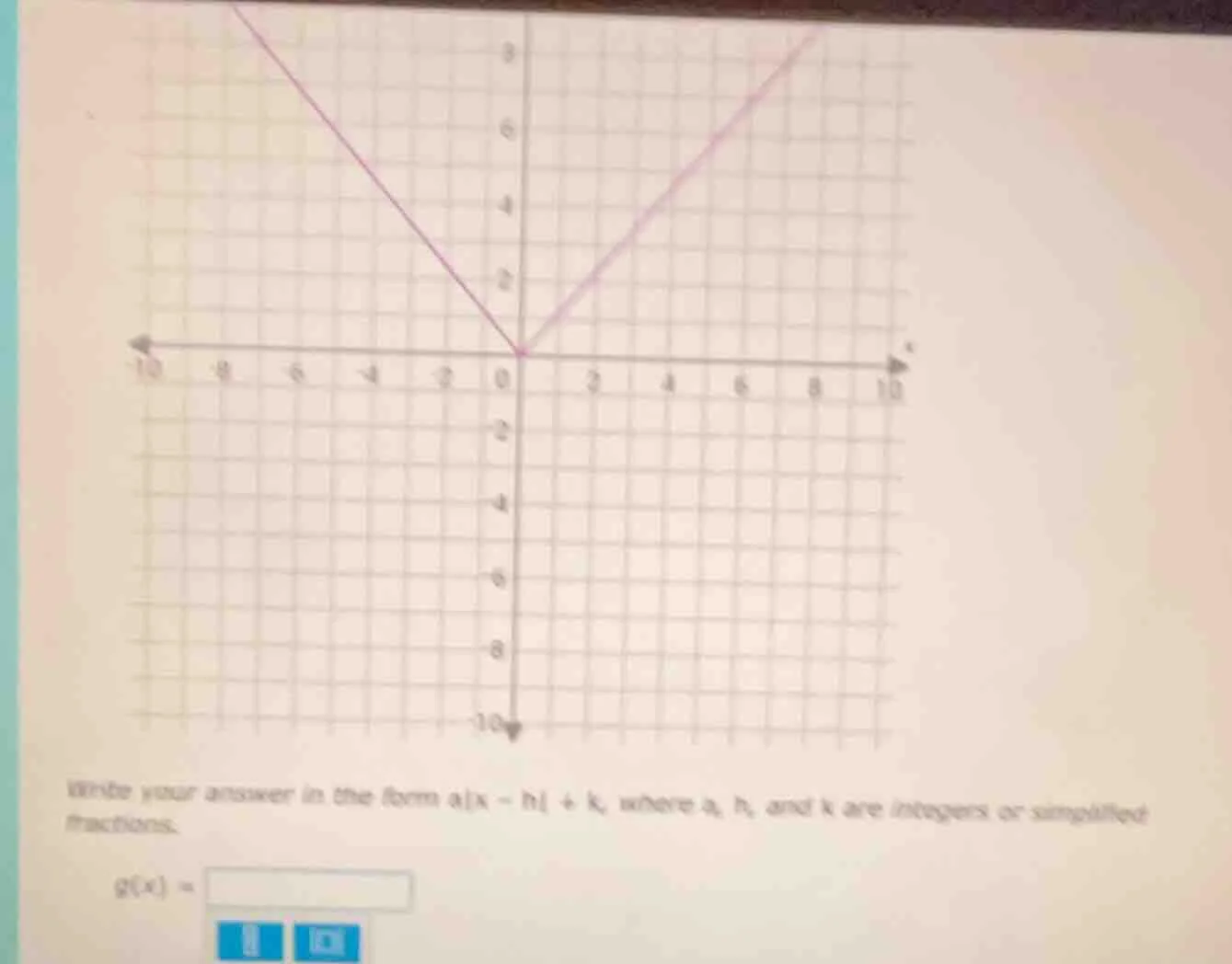 write your answer in the form ( a|x - h| + k ), where ( a ), ( h ), and…