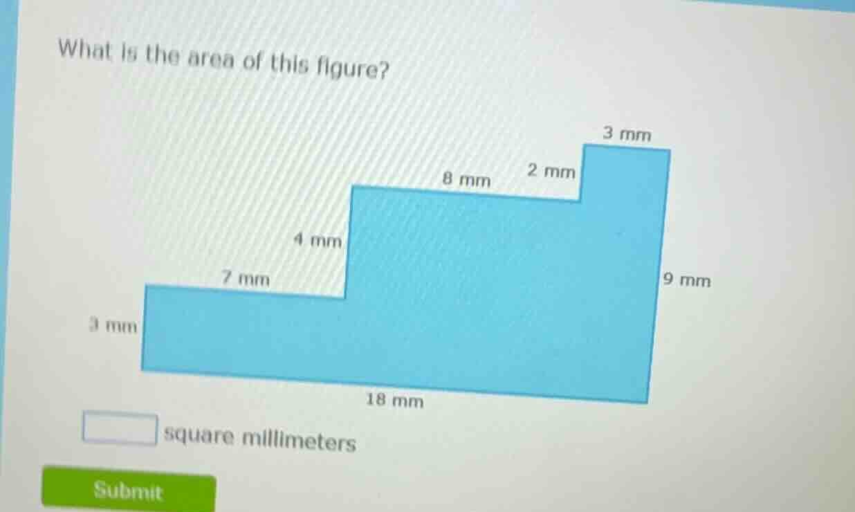 what is the area of this figure? 3 mm 7 mm 4 mm 8 mm 2 mm 3 mm 9 mm 18 …