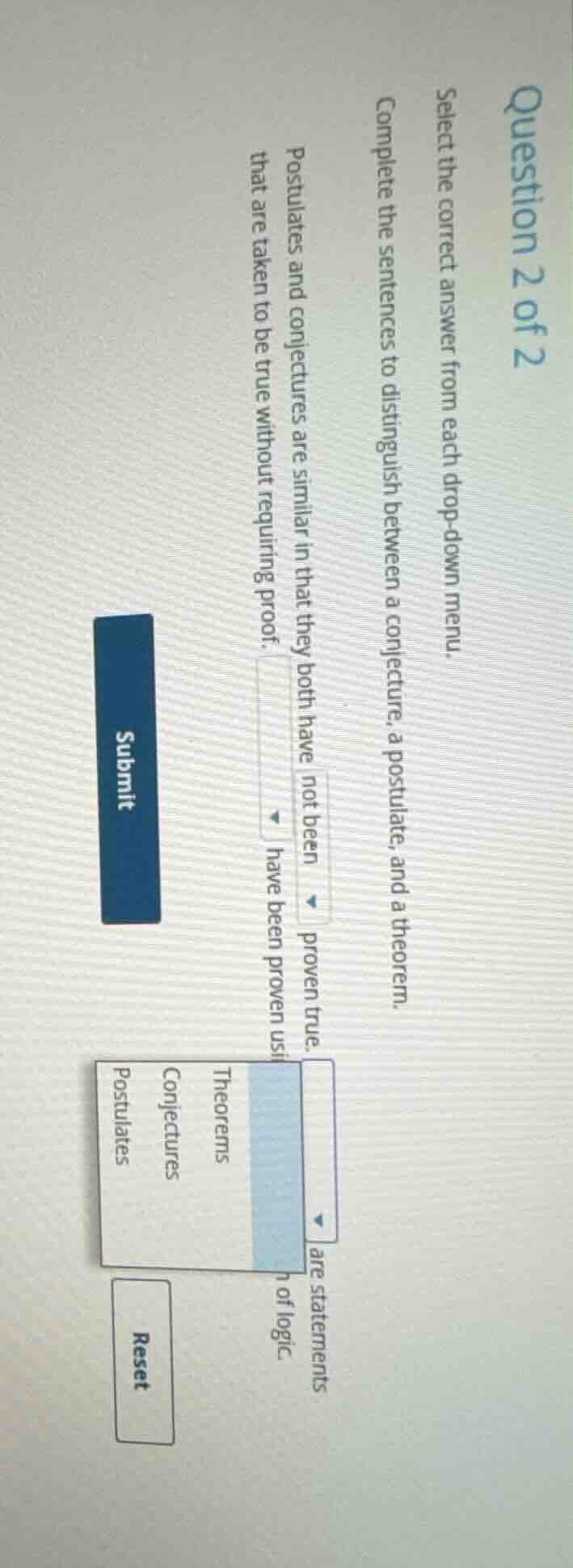 question 2 of 2 select the correct answer from each drop - down menu. c…