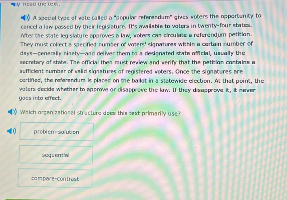 read the text. a special type of vote called a \popular referendum\ giv…