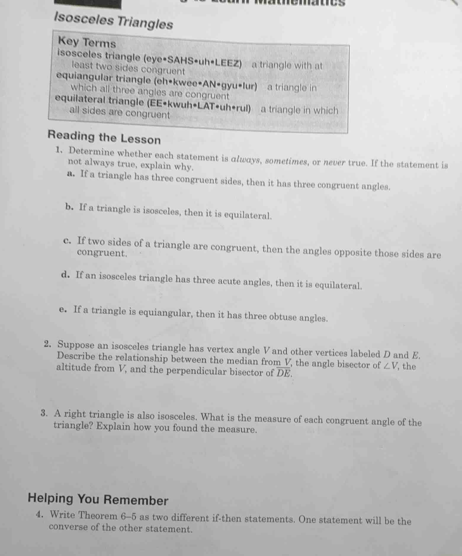 isosceles triangles key terms isosceles triangle (eye•sahs•uh•leez) a t…
