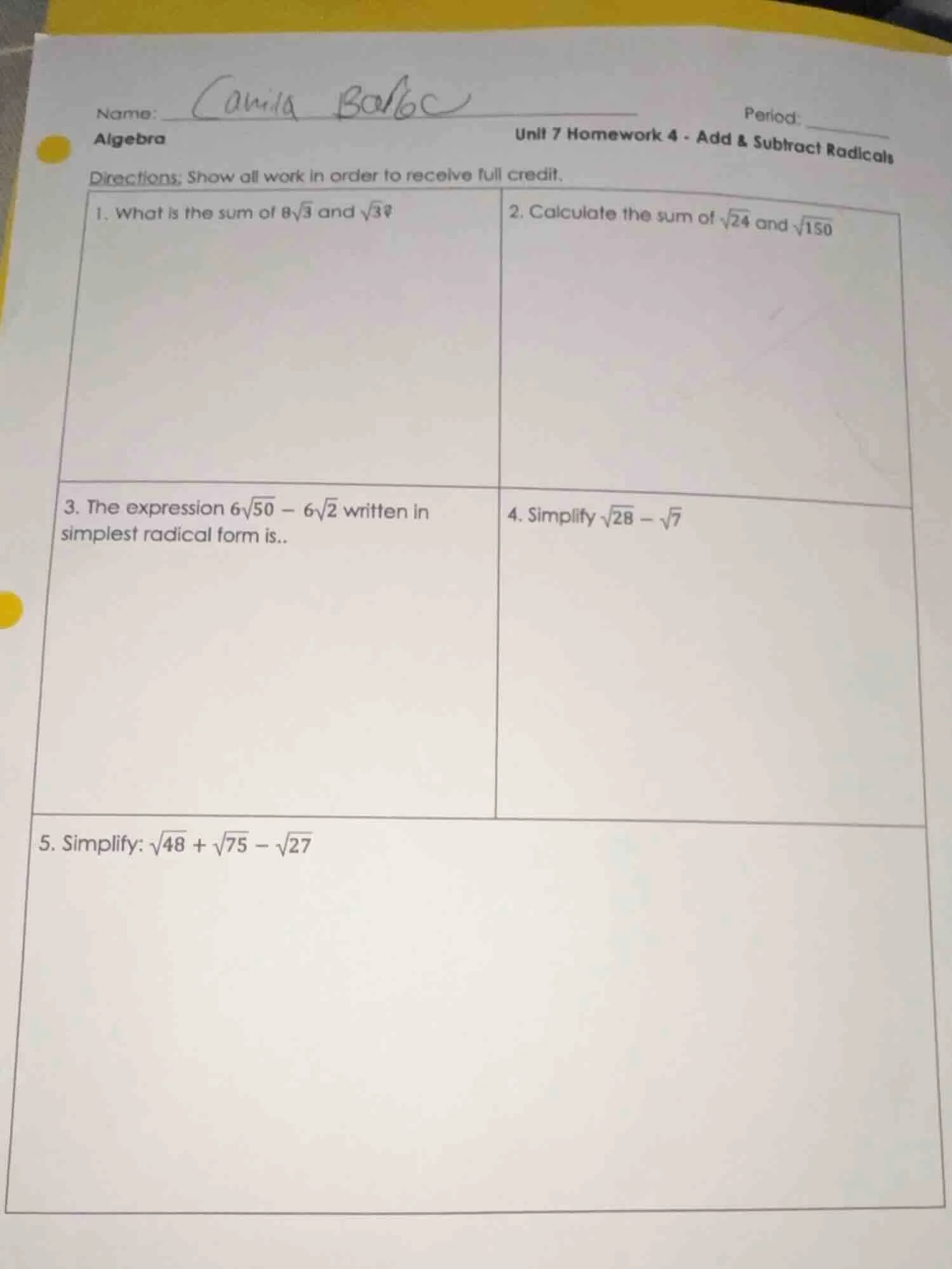 name: camila balbc period: algebra unit 7 homework 4 - add & subtract r…