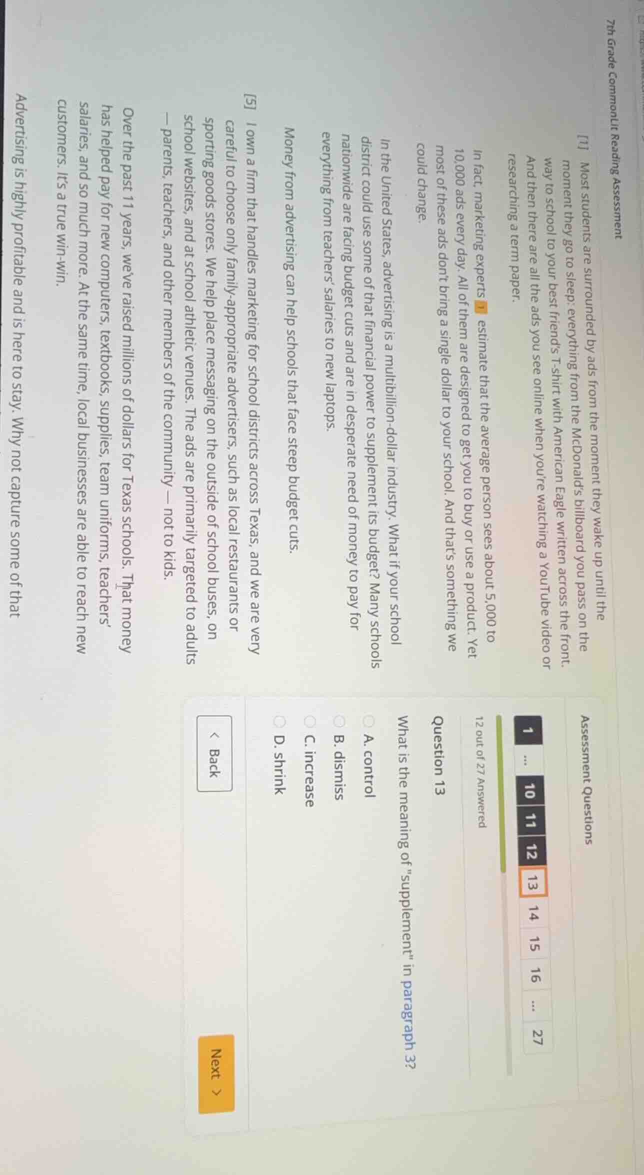 question 13 what is the meaning of \supplement\ in paragraph 3? a. cont…