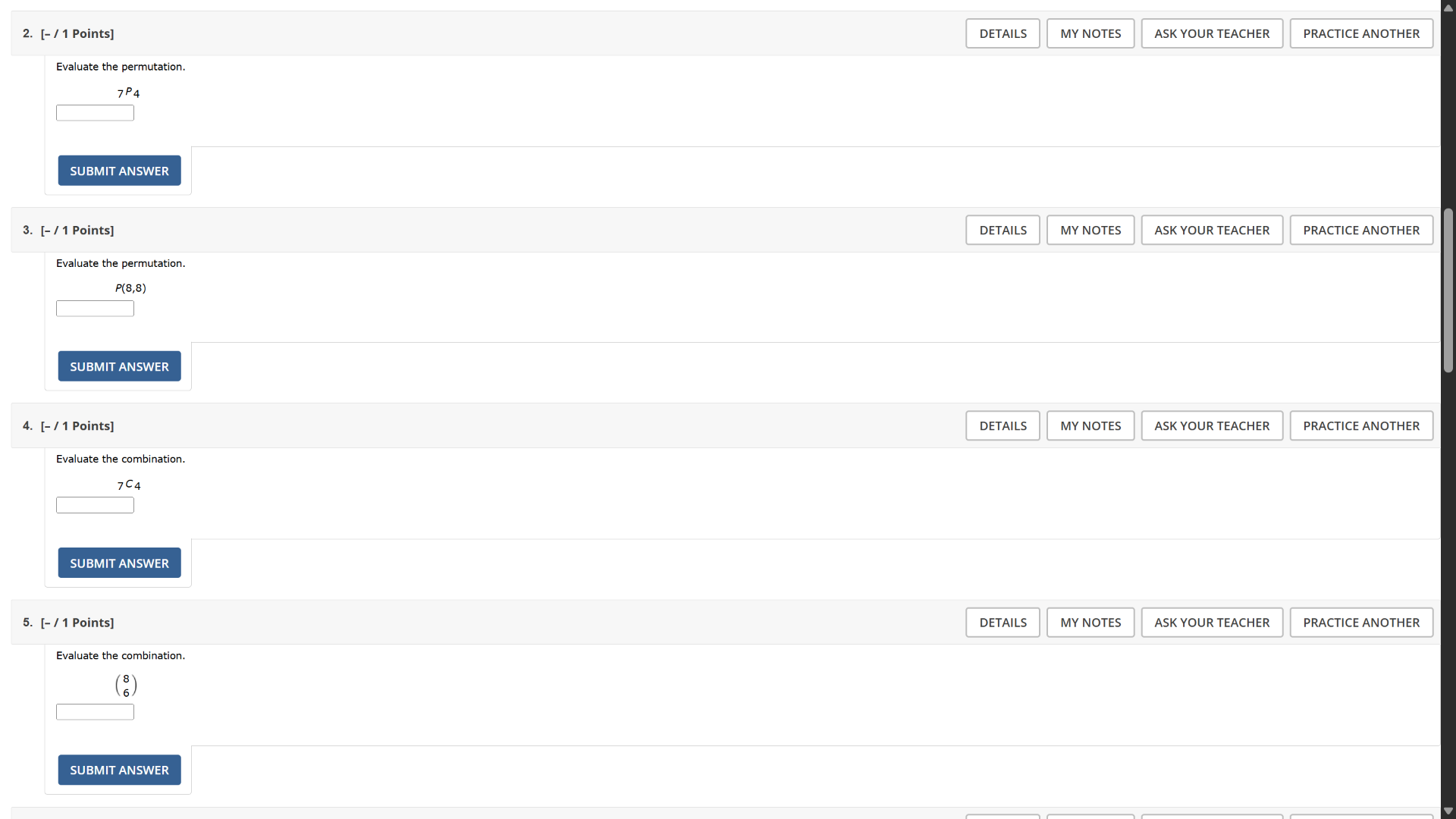 2. - / 1 points evaluate the permutation. \\( _7p_4 \\) 3. - / 1 points…
