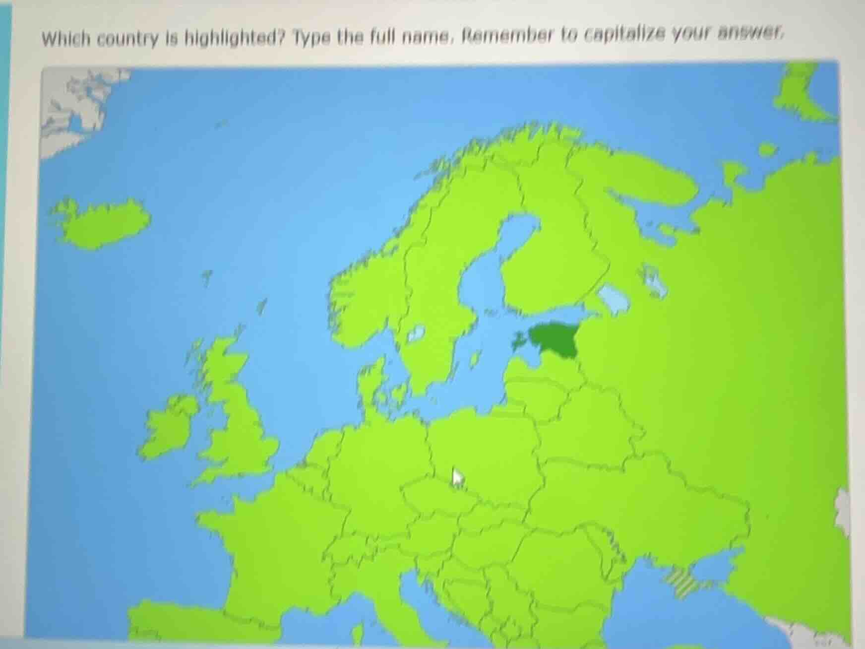 which country is highlighted? type the full name, remember to capitaliz…