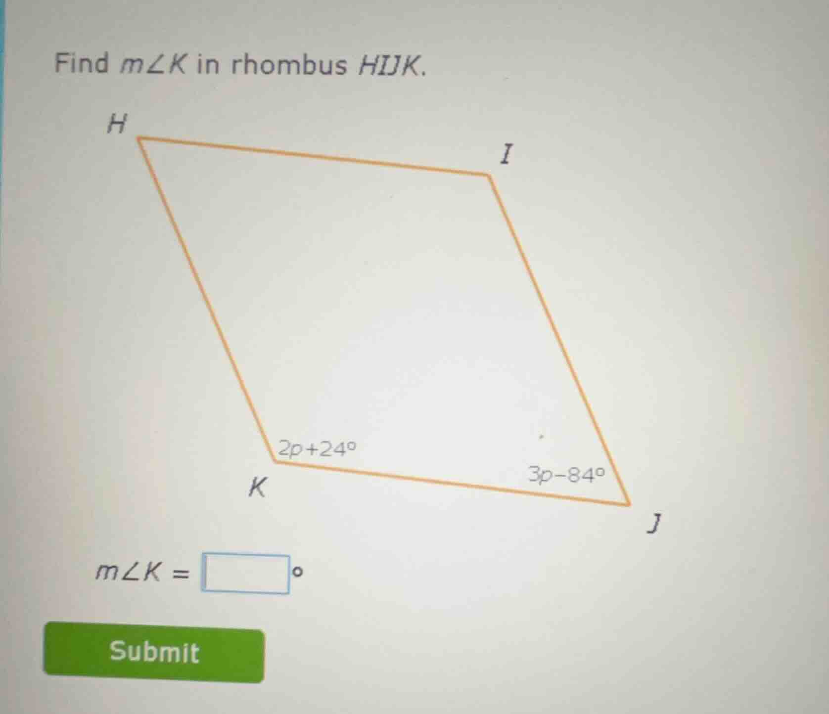 find ( mangle k ) in rhombus ( hijk ). ( mangle k = square^circ )