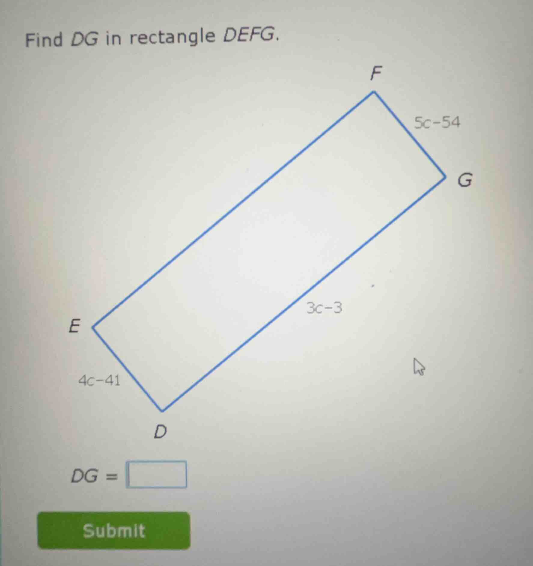 find dg in rectangle defg. dg = submit