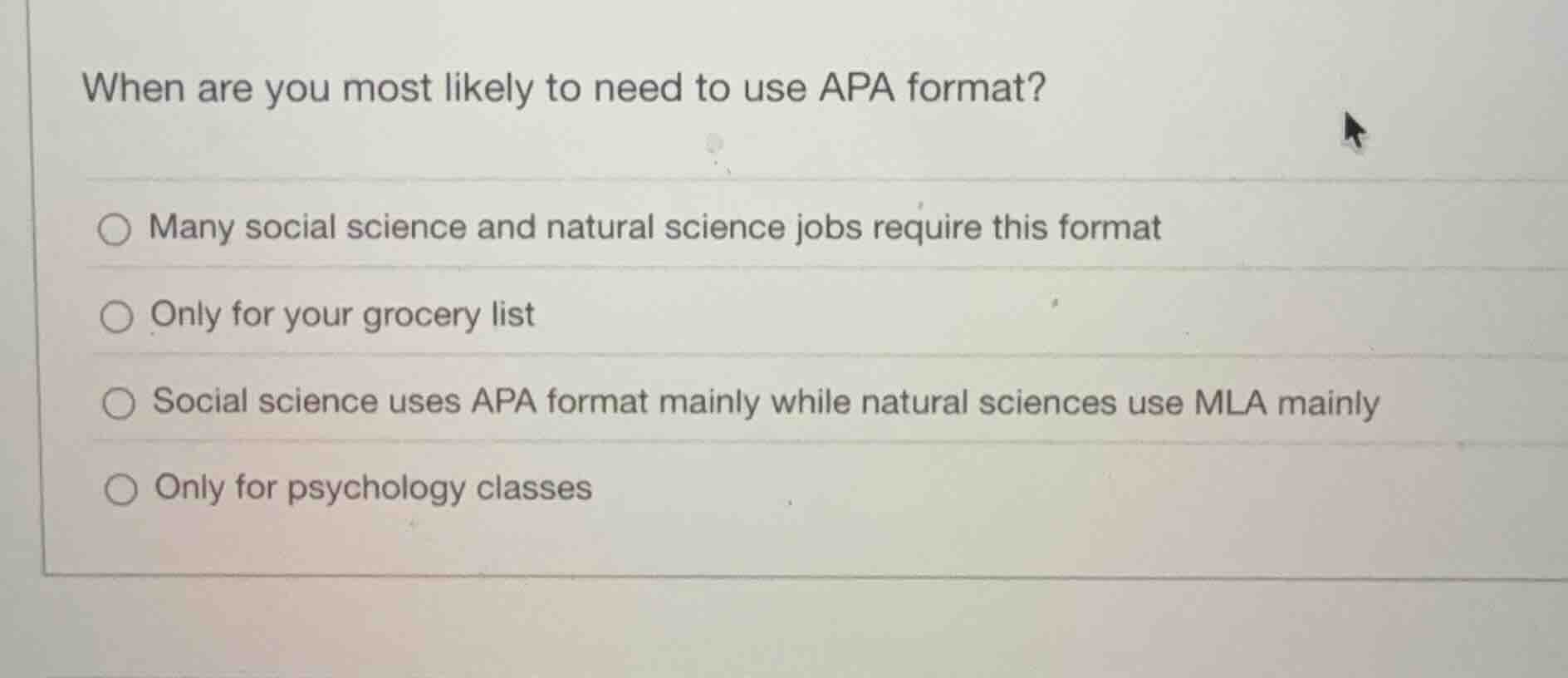 when are you most likely to need to use apa format? ○ many social scien…