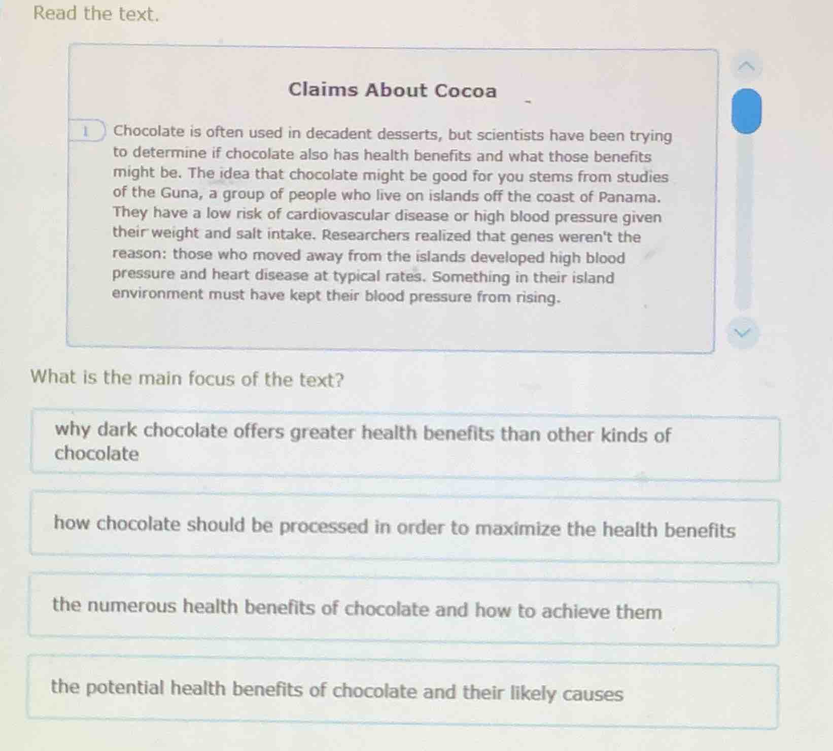 read the text. claims about cocoa 1 chocolate is often used in decadent…