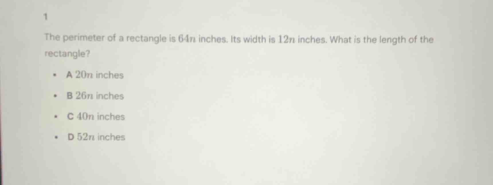 1 the perimeter of a rectangle is 64n inches. its width is 12n inches. …
