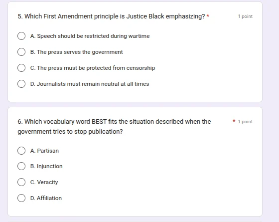 5. which first amendment principle is justice black emphasizing? * a. s…