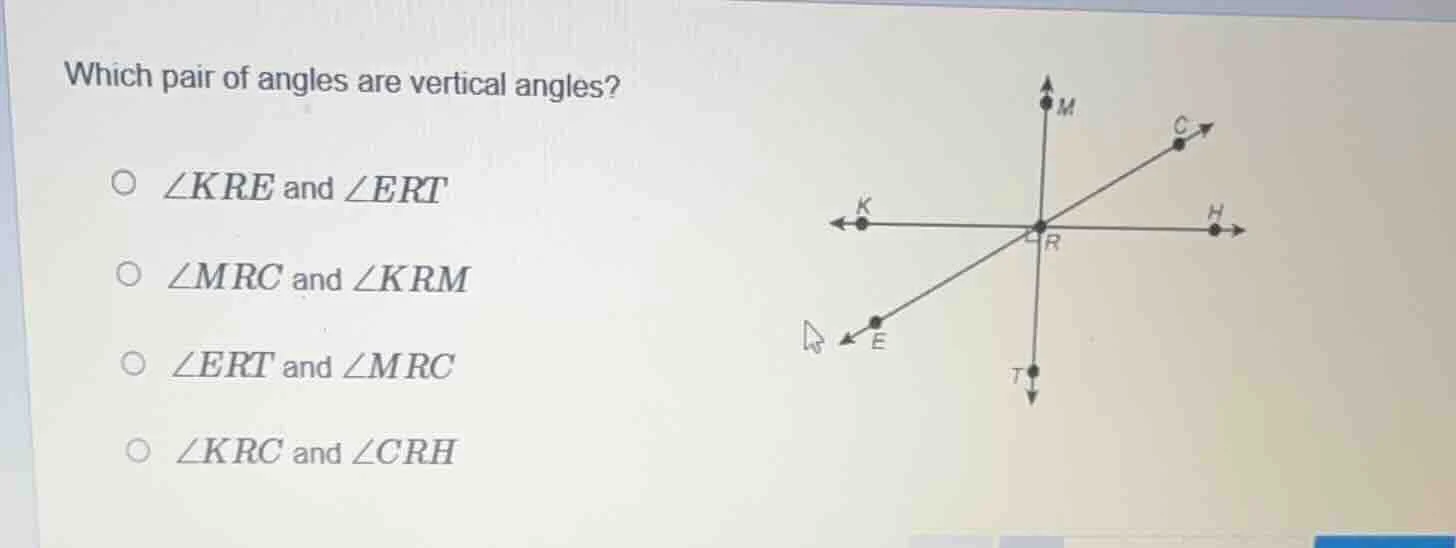 which pair of angles are vertical angles? \\( \\angle kre \\) and \\( \…