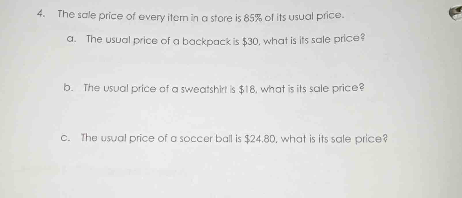 4. the sale price of every item in a store is 85% of its usual price. a…