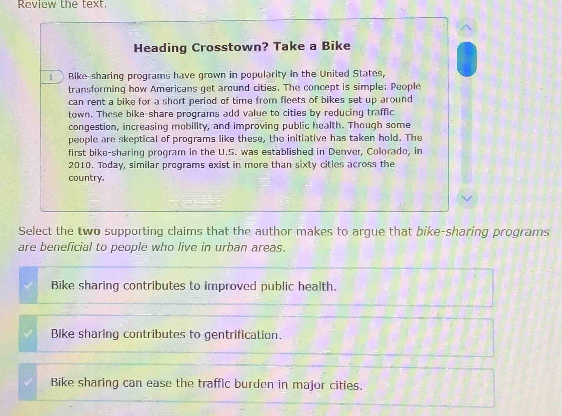 review the text. heading crosstown? take a bike 1 bike - sharing progra…