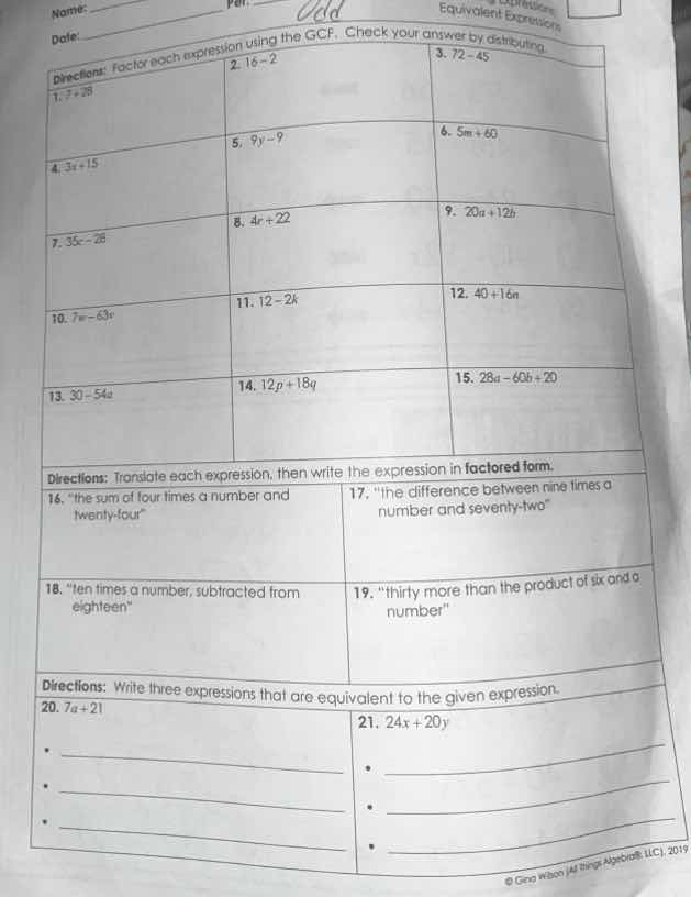 name: date: directions: factor each expression using the gcf. check you…