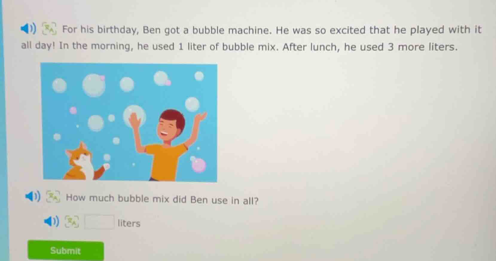 for his birthday, ben got a bubble machine. he was so excited that he p…