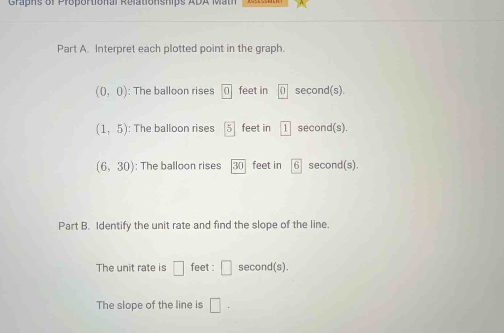 graphs of proportional relationships ada math assessment part a. interp…