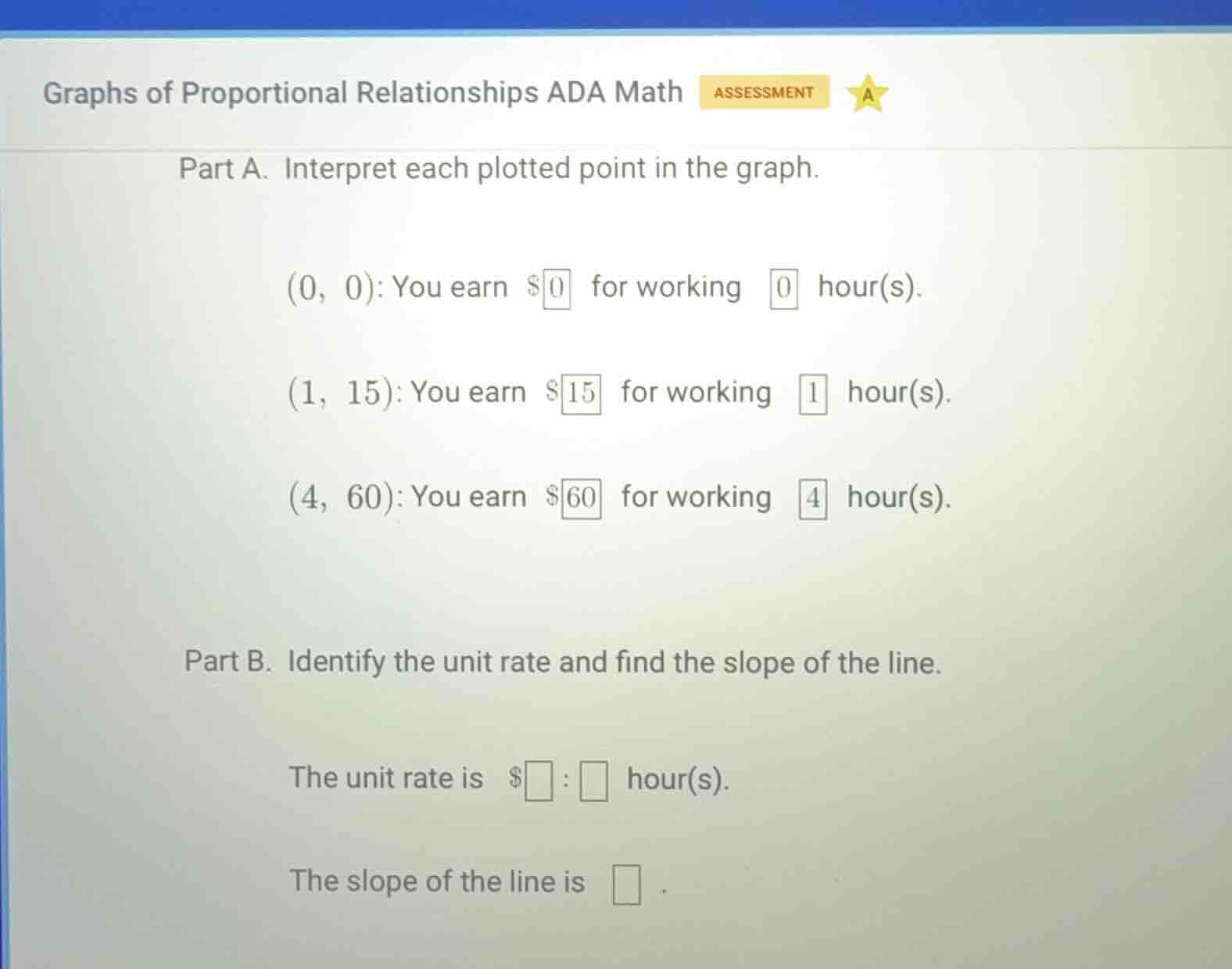 graphs of proportional relationships ada math assessment part a. interp…