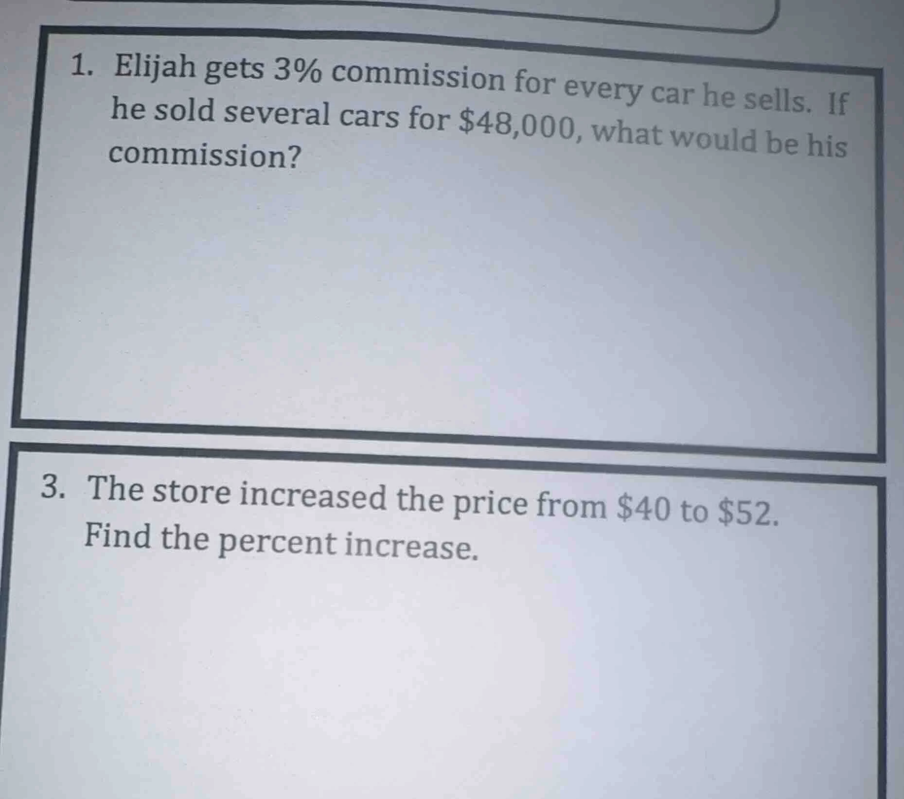 1. elijah gets 3% commission for every car he sells. if he sold several…